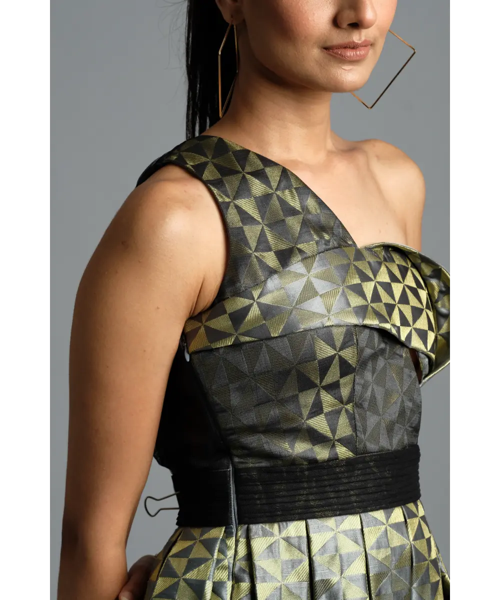 AASTHA SOOD - Steal grey Geometric Brocade Dress